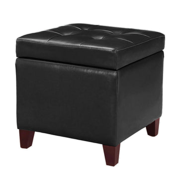 Storage Ottoman Foot Rest Stool, Leather Ottoman Footstool with Wood Legs and Hinged Lid, 18" Small Foot Stool Bench