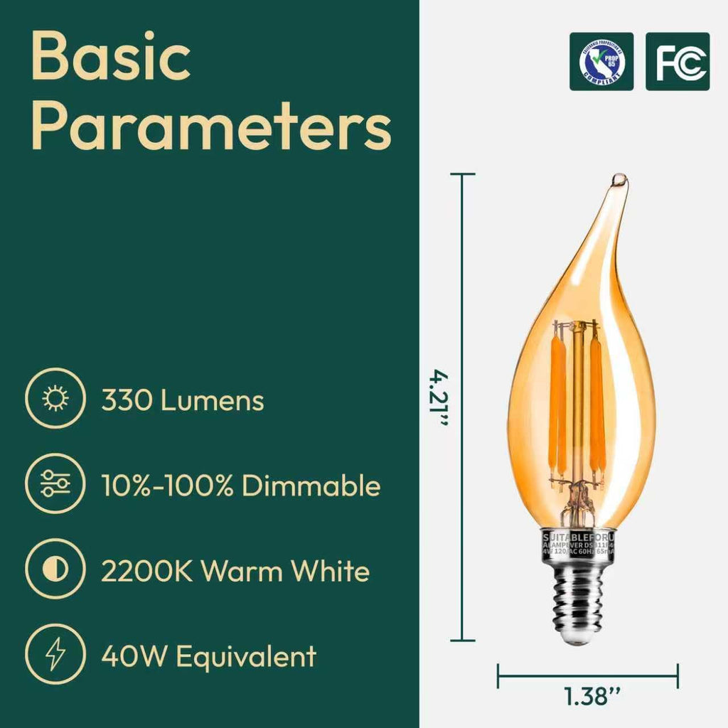 E12 LED Bulbs, Dimmable Chandelier Light Bulbs 40 Watt Equivalent, Flame Tip CA11 Candelabra Light Bulbs 4W, Amber