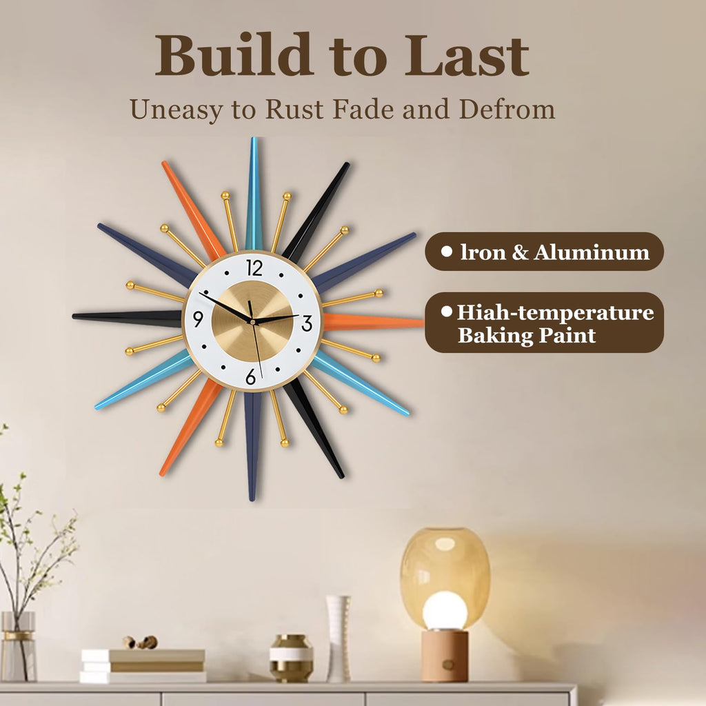 22-Inch Large Starburst Wall Clock - Mid-Century Modern Decorative Wall Clock, Silent Non-Ticking Quartz Movement