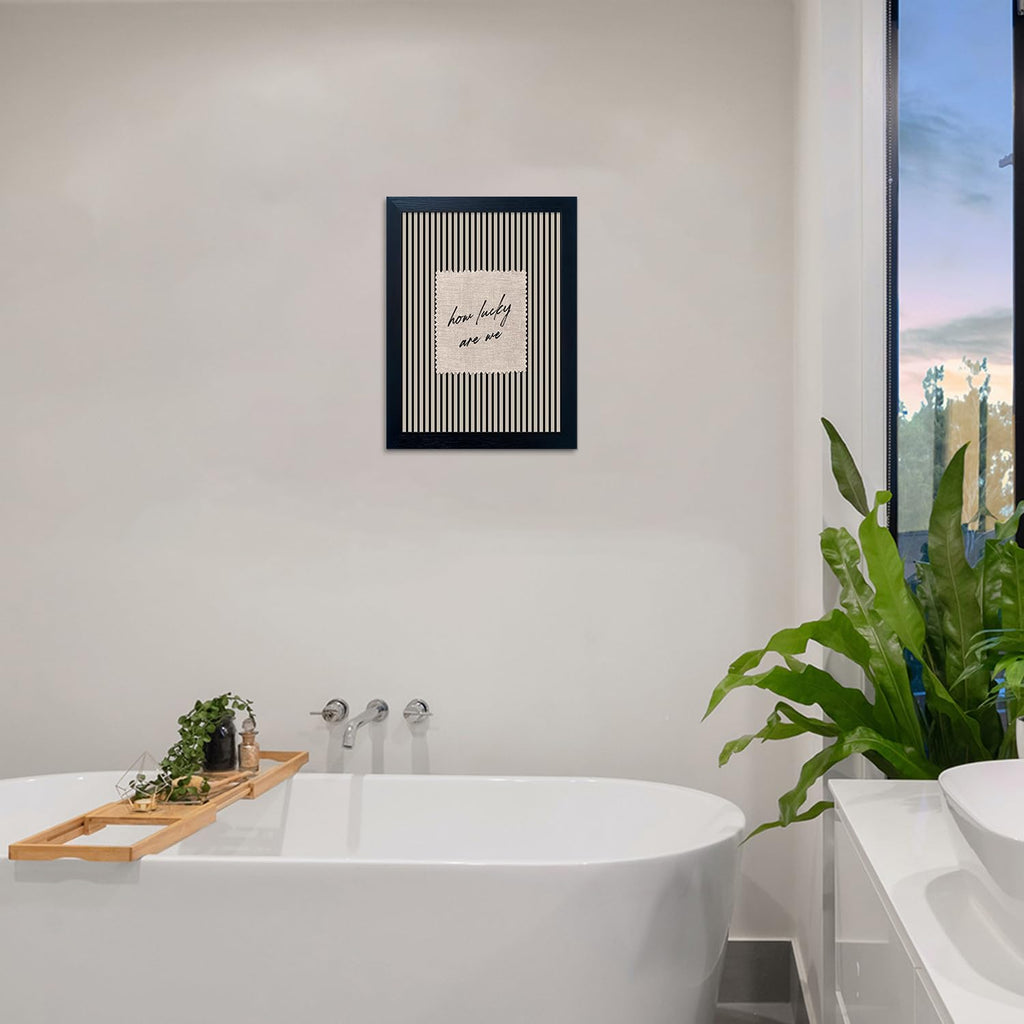 Framed Balck and White Bathroom Canvas Wall Art How Lucky Are We Quote Print Black Striped Painting Modern Minimalist