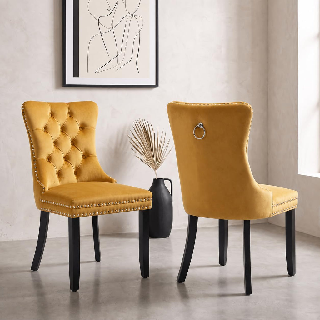 Modern Gold Velvet Upholstered Dining Chairs Set of 4 with Solid Wood Legs
