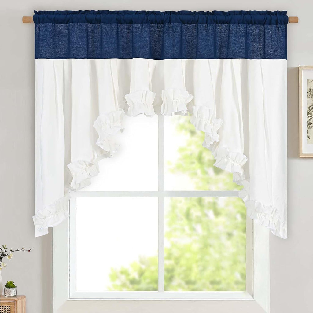 Navy Blue and White linen ruffle swag valance 60W x 36L - Casa Home Living