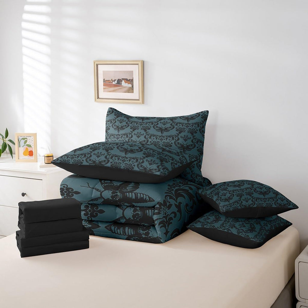Gothic Bed in A Bag 7 Piece Turquoise Black Moth Goth Queen Comforter Set with Sheets Vintage Damask Boho Bedding