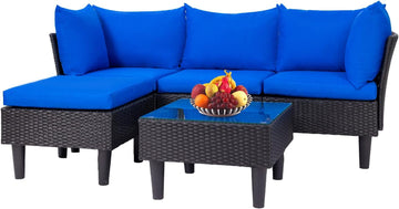 5 Piece Patio Furniture Set, Outdoor Wicker Sectional Sofa Conversation Set with Glass Top Coffee Table - Blue
