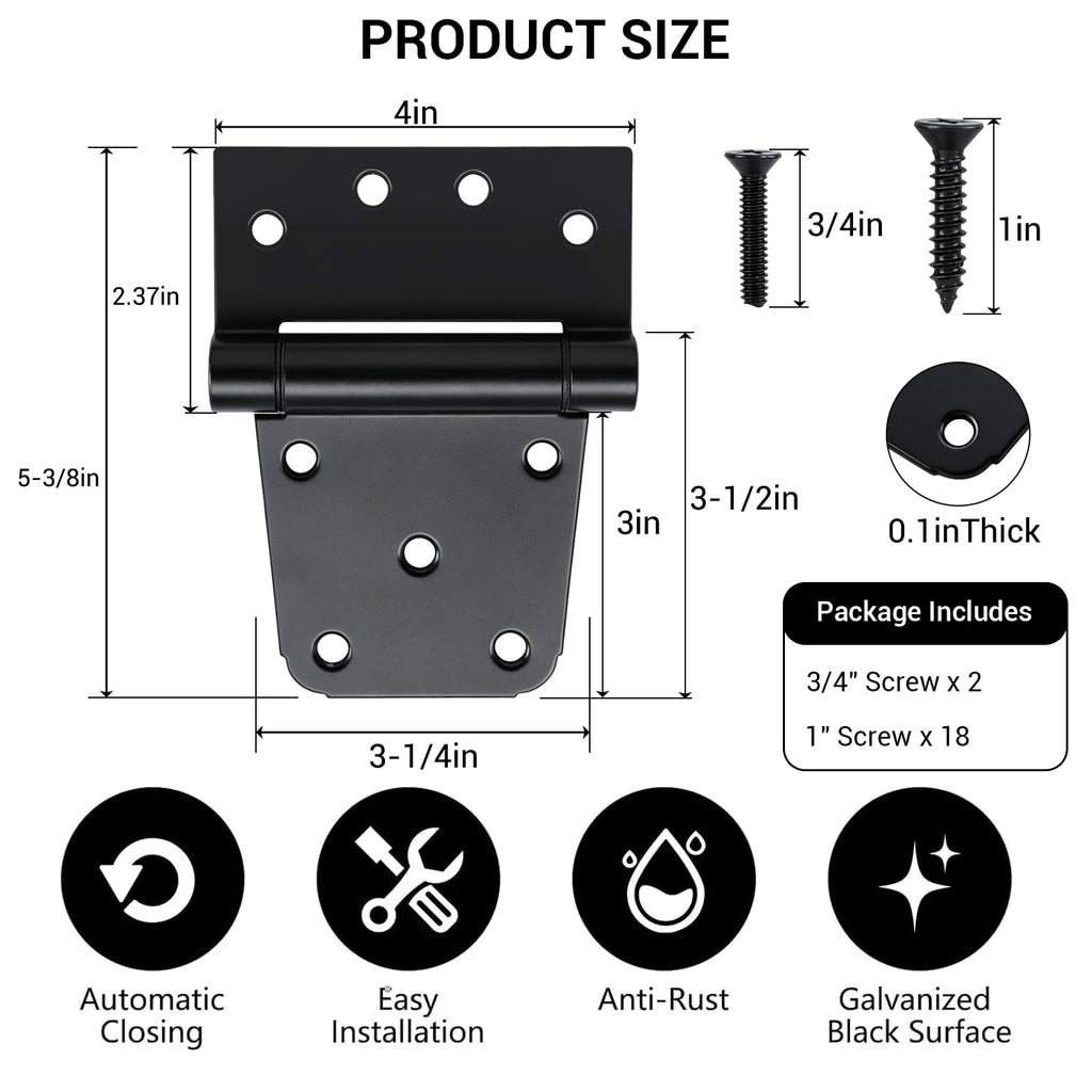 3-1/2 Inch Self Closing Gate Hinges, Spring T Hinges, Black, 2 Pack