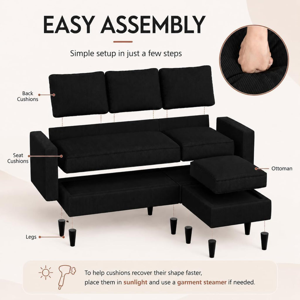 73.6" L-Shaped Small Sectional Couch with Ottoman, Black