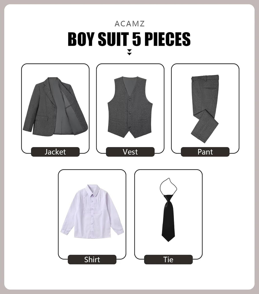 Boy's Suits Tweed Herringbone 5 Piece Tuxedo Wedding Suit for Kids with Tie