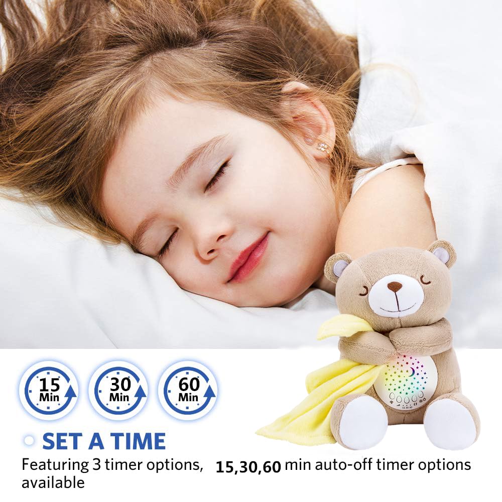 Rechargeable Baby Sleep Soother Bear, Nursery Decor Night Light Projector, Mom's Heartbeat Cry Sensor Lullabies White