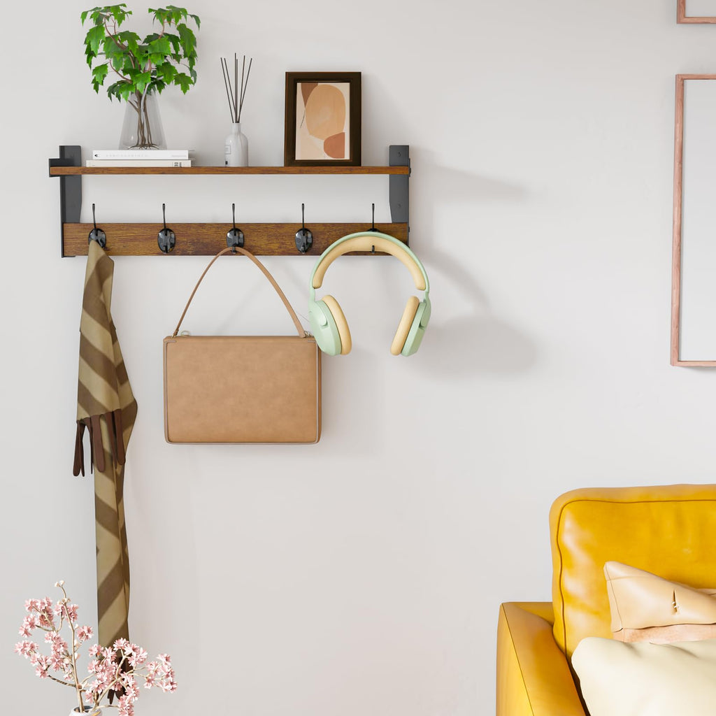 Coat Rack with Wall Mount, 23 Inch Long Entryway Wall Shelf with Hooks, Wood Hanger with Storage Shelf, Rustic Brown
