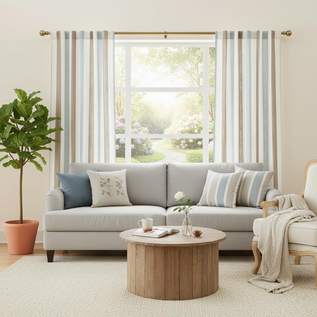 Linen Stripe Curtains Brown and Aqua 40"Wx95"L 2 Panels