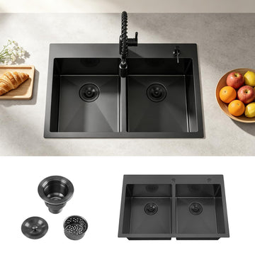 33x22 Inch 50/50 Double Bowl Black Drop In, 16 Gauge Gunmetal Stainless Steel Top Mount with Grid, Drain and