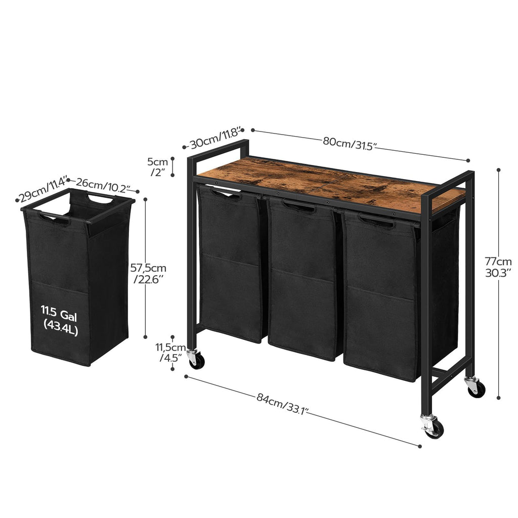 Laundry Sorter 3 Section, Laundry Hamper with Wheels, 3 × 11.5 Gal (43.5 L), Rolling Laundry Basket, Pull-Out and