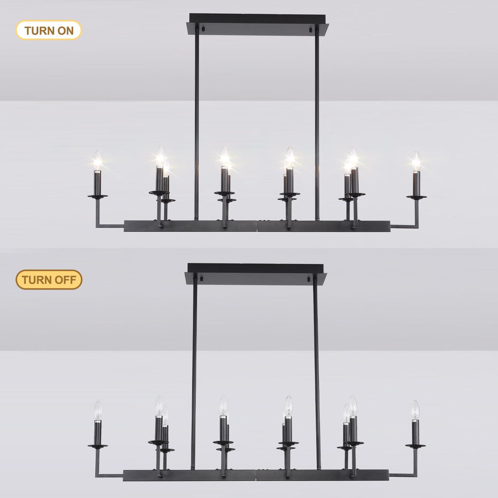 Rustic Black Linear Chandelier,Extra Long Candle Chandelier,Black Light Fixture Living Room Kitchen Island