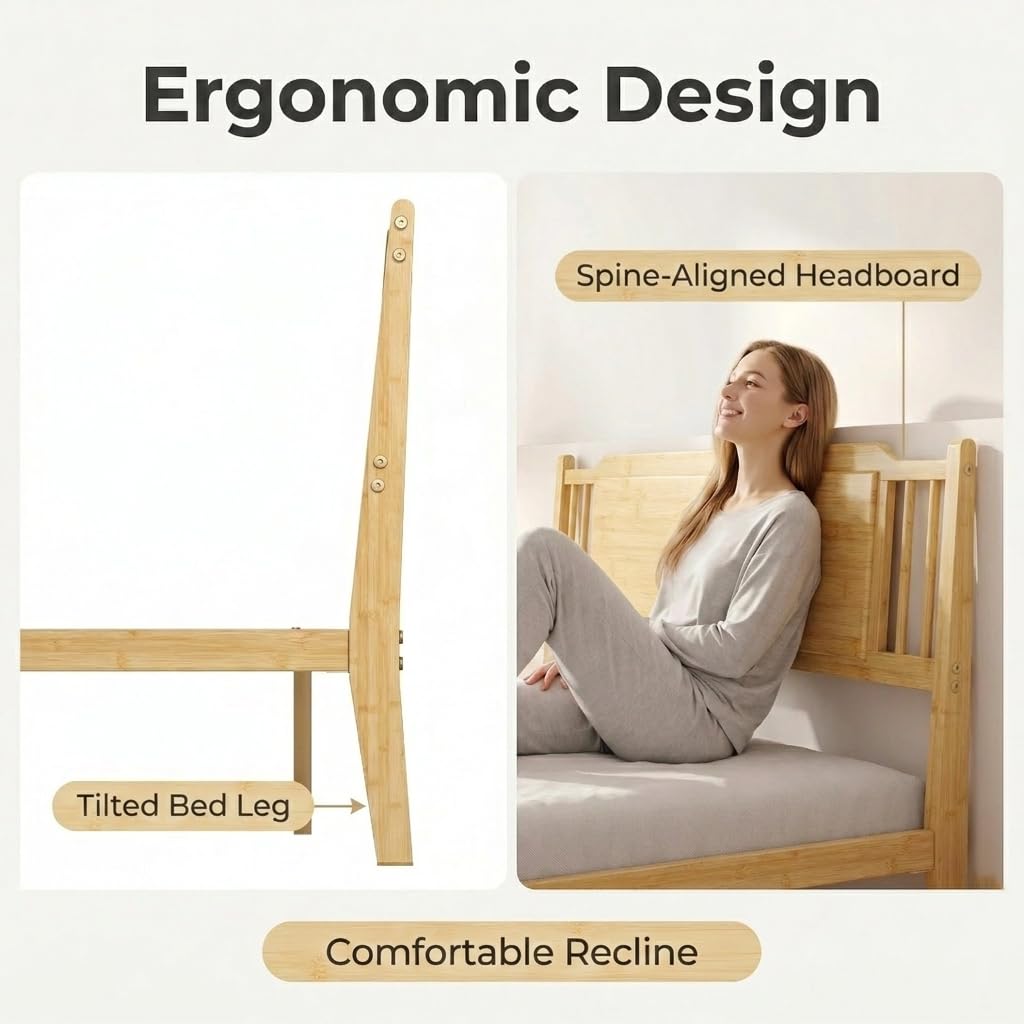 Bamboo Full Bed Frame with Headboard, 14 inch Wood Platform Bed Frames Full Size No Box Spring Needed, Rustic