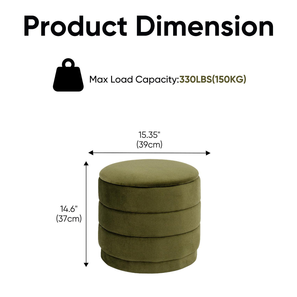Round Storage Ottoman, 15.4" Velvet Footstool, Olive Green
