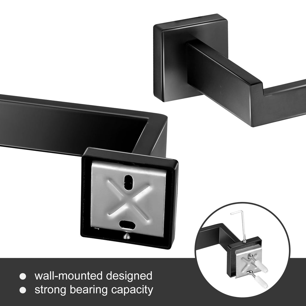 Bathroom Hardware Accessories Set 10 Pieces Matte Black Towel Bar Set 24 Inch, Towel Rack Rings Stainless Steel Bath