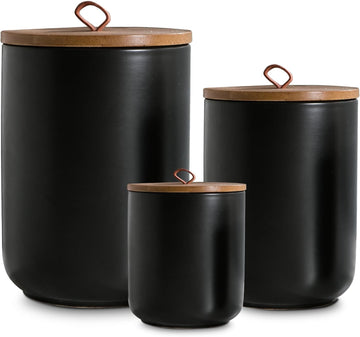 Black Ceramic Canister Set with Wooden Lid, 3-Piece Food Storage Jars Counter, Storage Container for Coffee, Tea - Set of 3