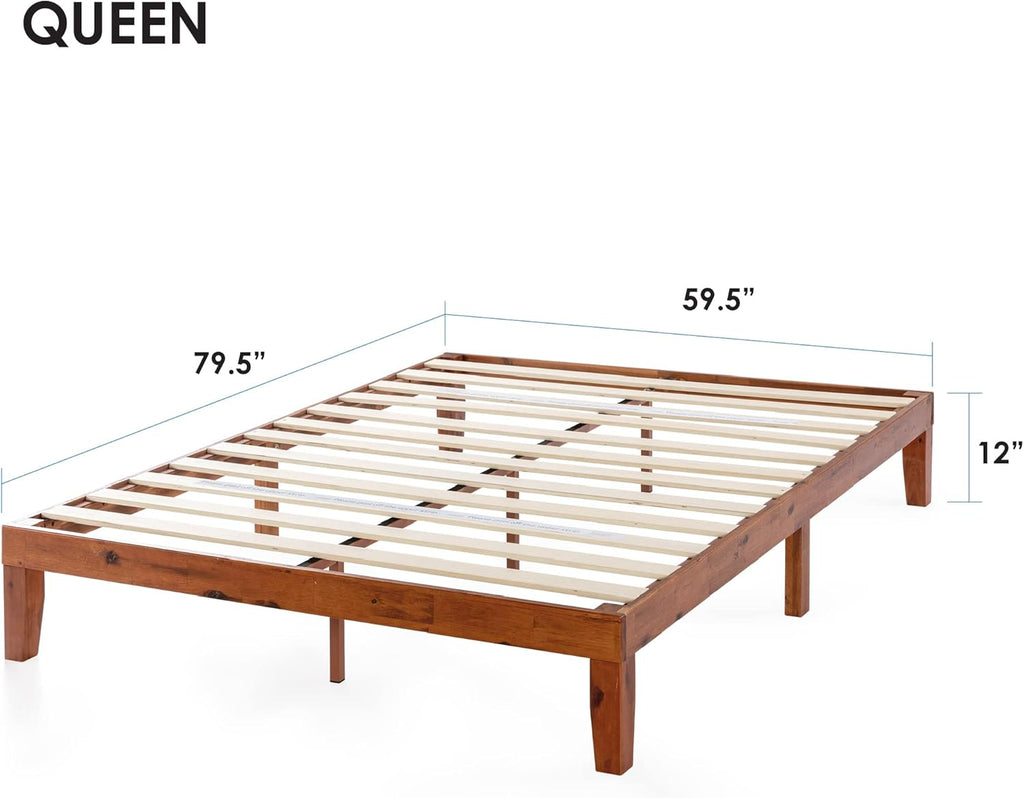 Naturalista Classic - 79.5"L 59.5"W 12"H Inch Solid Wood Platform Bed with Wooden Slats, No Box Spring Needed, Easy