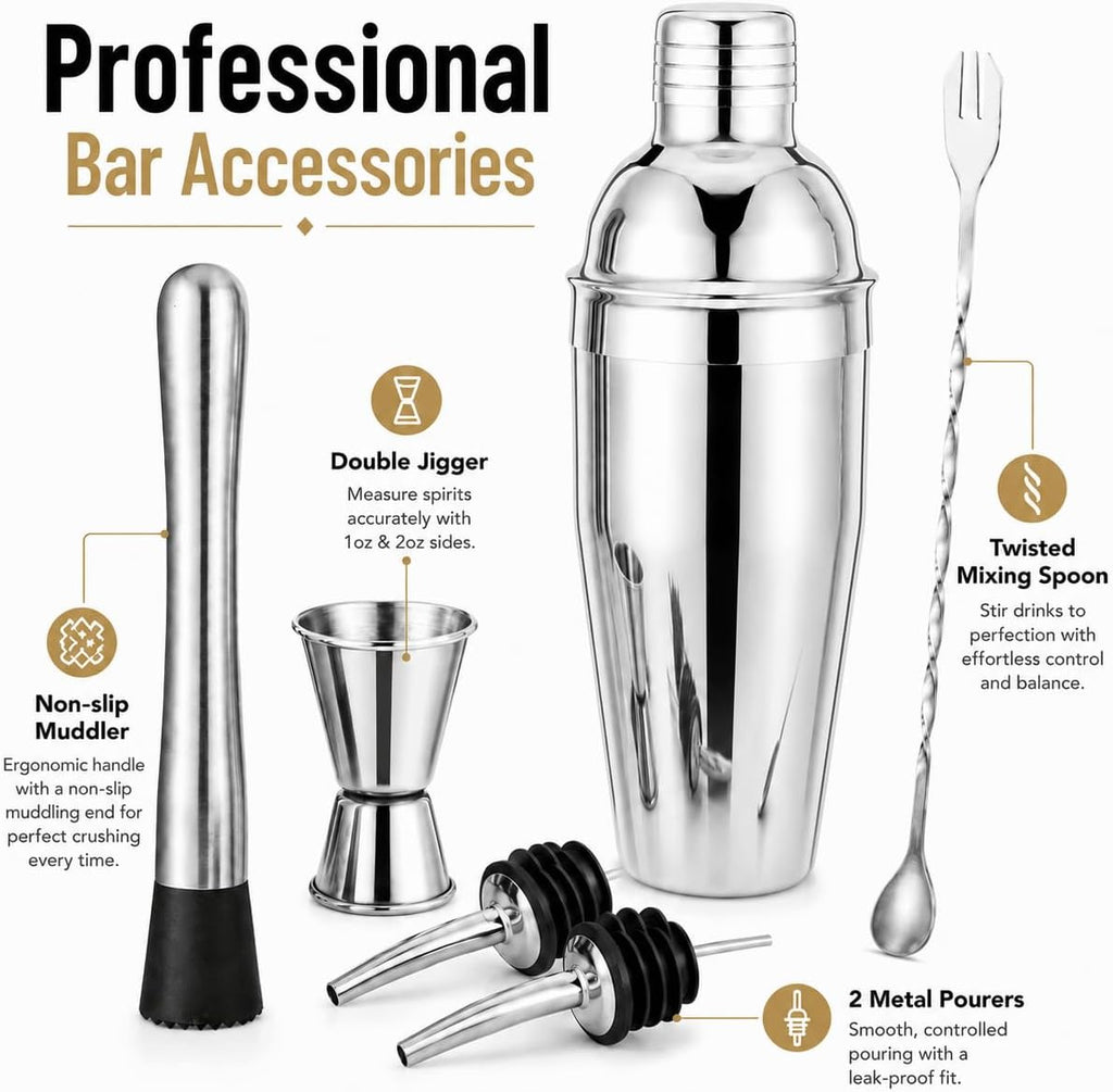 Cocktail Shaker Set, 6-Piece 18/8 Food-Grade Stainless Steel Mixology Bartender Kit - Premium Bar Tools with Muddler - Set of 6