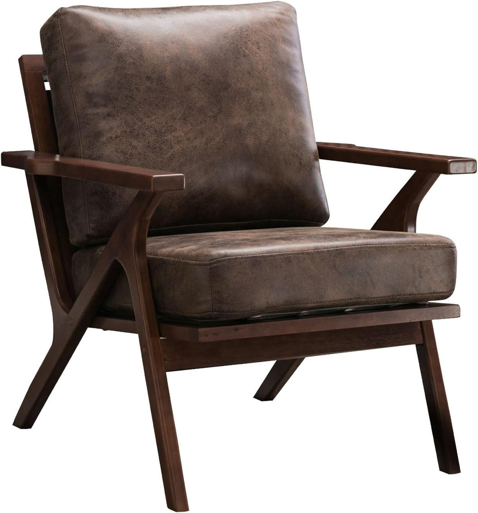 Accent Chairs,PU Leather Mid Century Modern Wood Reading Armchair with Removable Upholstered Cushions - Set of 2