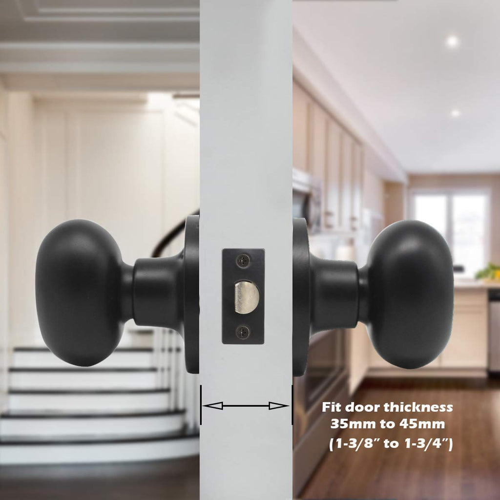 6 Pack Passage Door Knobs Oval Egg Shaped Door Knobs Laundry Passage Function Locksets Without Key in Black Finish