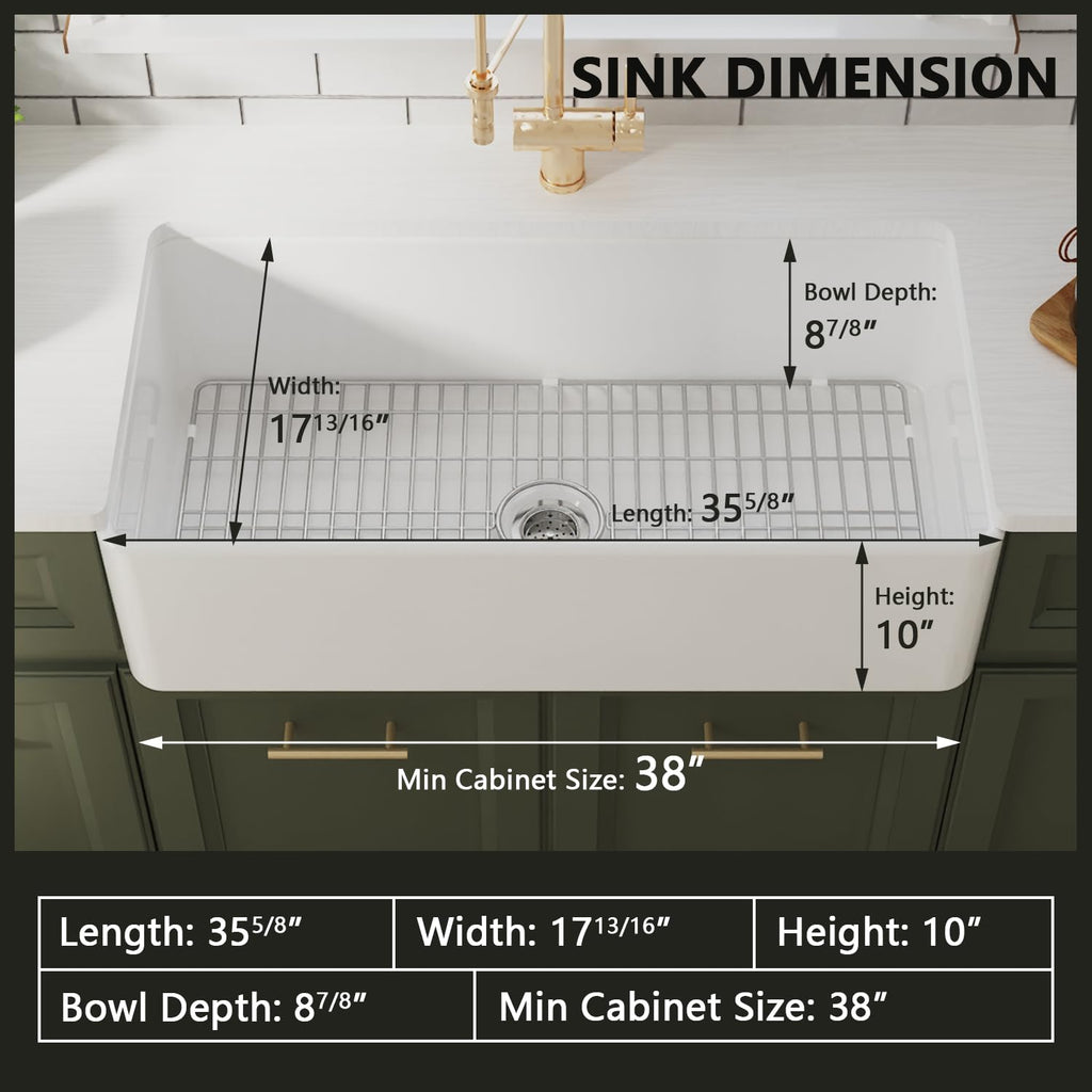 White Kitchen Sink 36 Inch, Fireclay Farmhouse Sink, Apron Front Single Bowl Deep Drop-in Farm Sinks with Grid &