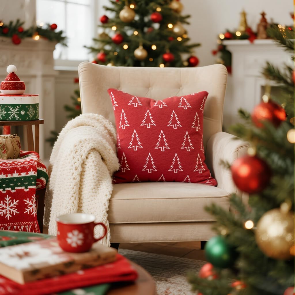 Christmas Chenille Pillow Covers 20x20, Reversible Snowflake & Tree Design, Cozy Farmhouse Holiday Throw - Set of 2