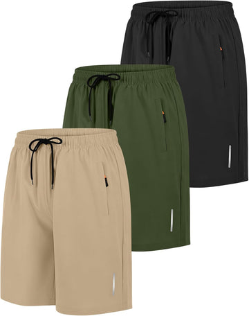 3 Pack Boys Athletic Running Shorts with Zipper Pockets Quick Dry Lightweight Hiking Cargo Shorts for Gym Outdoors