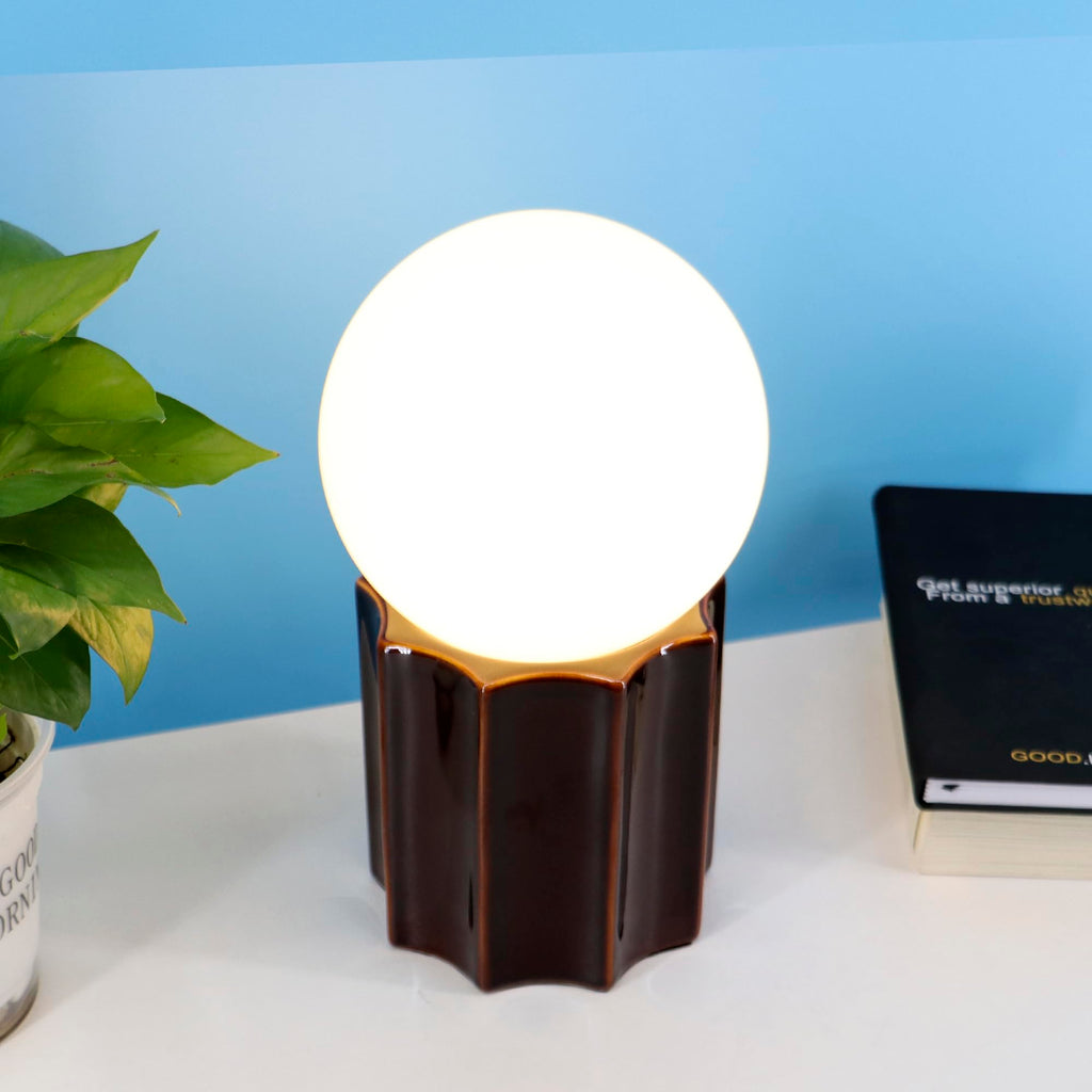 Modern Ceramics Table Lamp Brown Ceramic Base White Jade Round Ball Glass Accent Table Lamp Living Room Bedroom