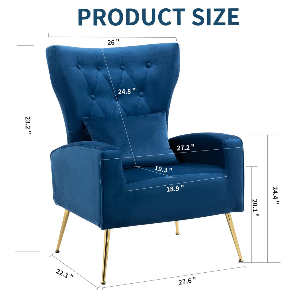 Button-Tufted Living Room Chairs Set of 2, WingBack Velvet Accent Chair Armchair with Lumbar Pillow, Bedroom Chairs