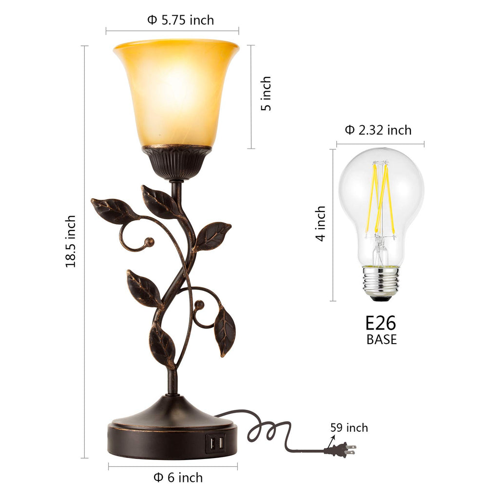 Touch Control Leaf Vintage Table Lamp with 3-Way Dimmable 2 USB C+A Ports
