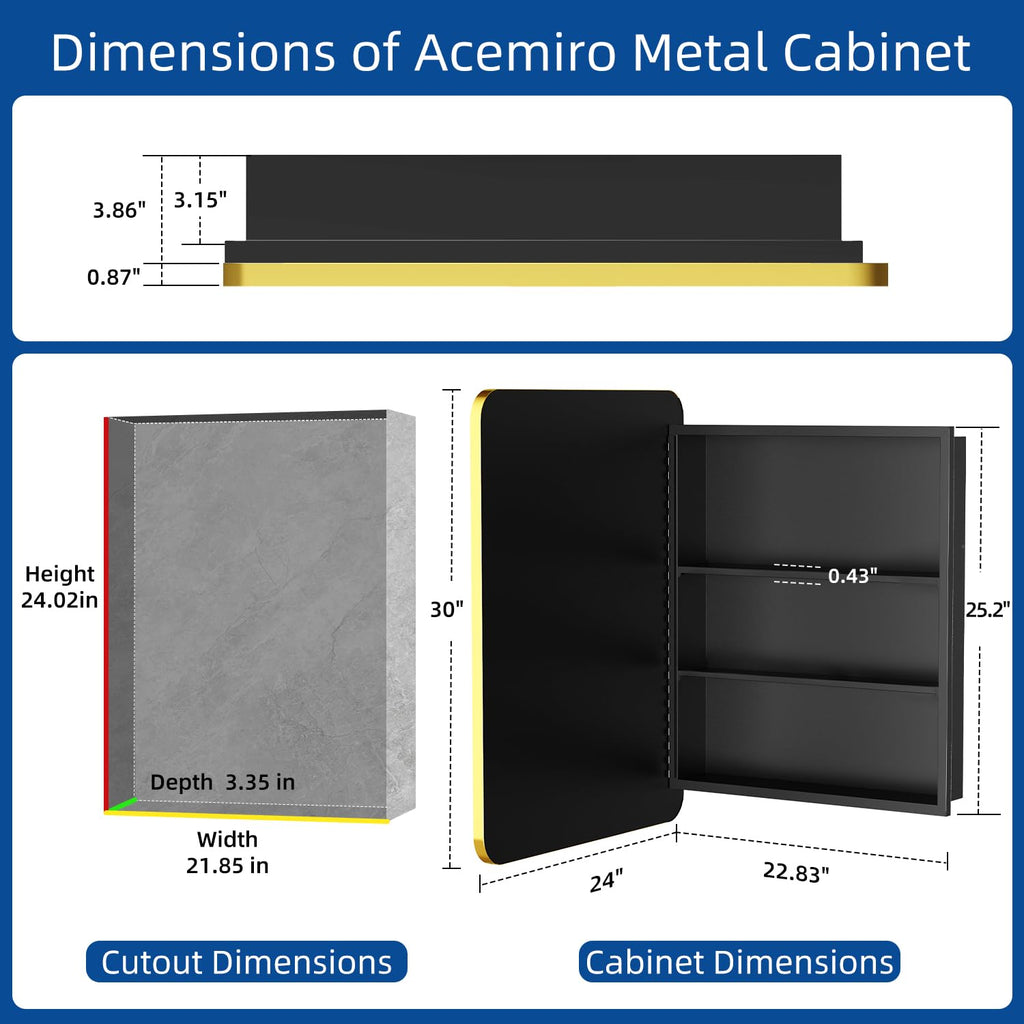 24x30 Inch Bathroom Medicine Cabinet with Mirror Gold Metal Framed Recessed or Surface Wall Mounted Mirrored Medicine