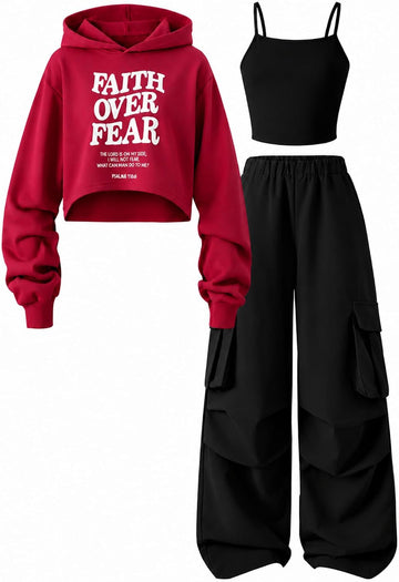 Girls 3 Piece Outfits Hoodie and Cargo Pants Set Streetwear Tracksuit Fall Winter for Kids Teens