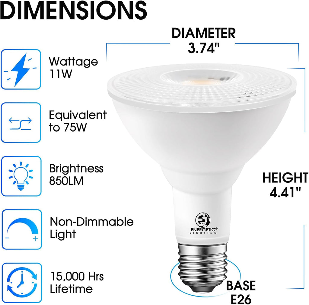 Energetic PAR30 4-Pack Dusk to Dawn LED Outdoor Flood Light Bulb, 11W=75W