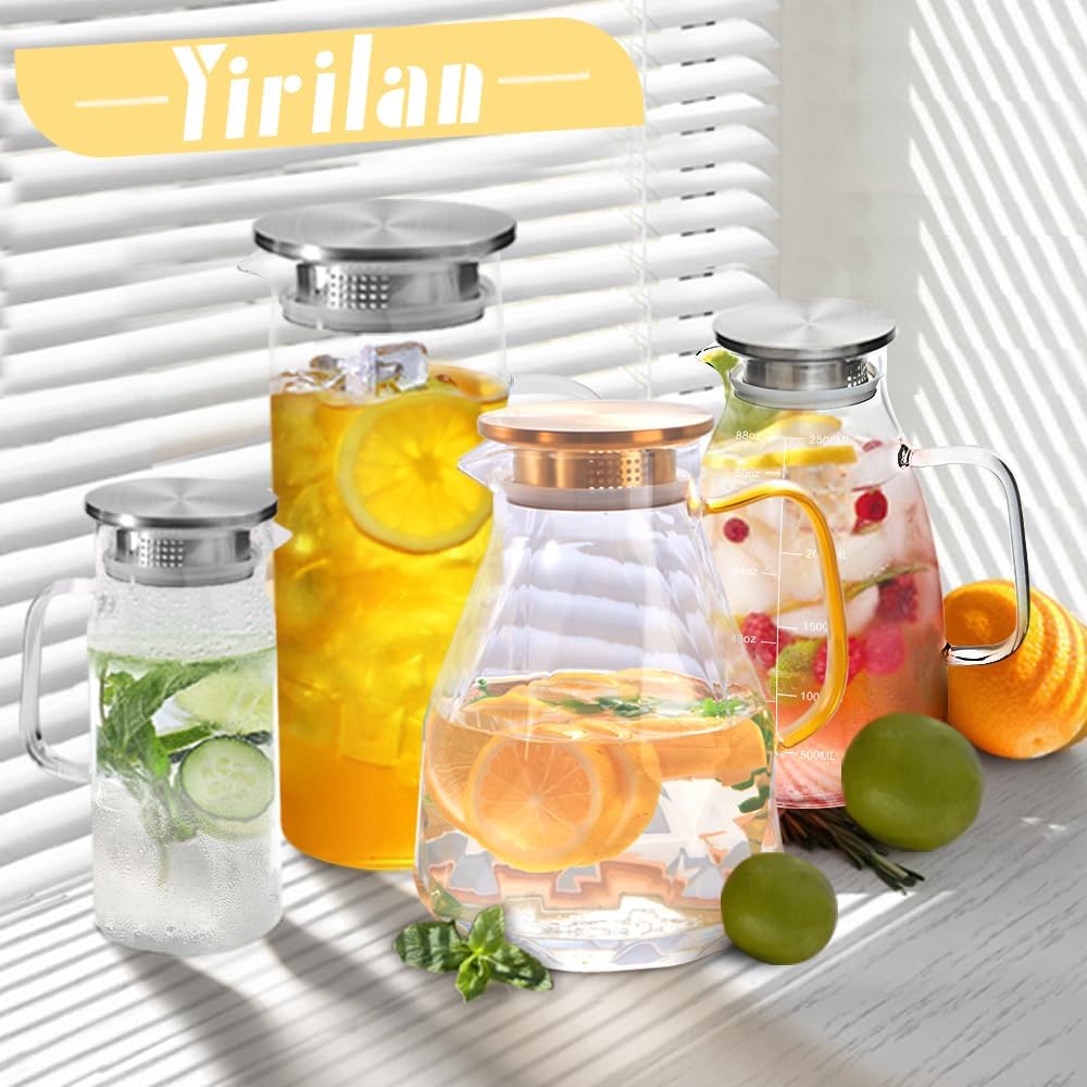 Glass Pitcher, 2.2 Liter Water Pitcher With Lid,Iced Tea Pitcher for Fridge,Carafe With Lid, Glass Water Jug For