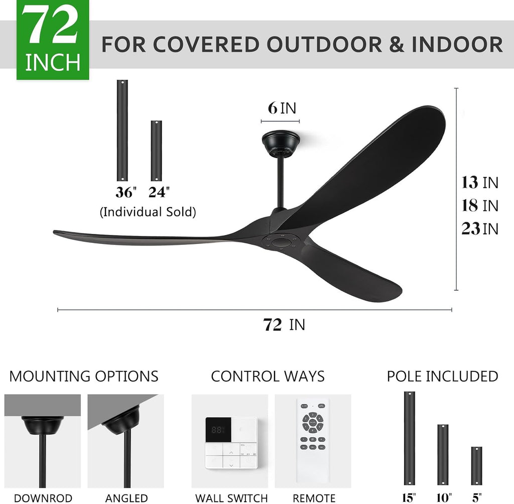 72 Inch Ceiling Fan With Remote And Wall Switch,Large Wood Ceiling Fan Without Light 3 Blades,Outdoor Ceiling Fans 6