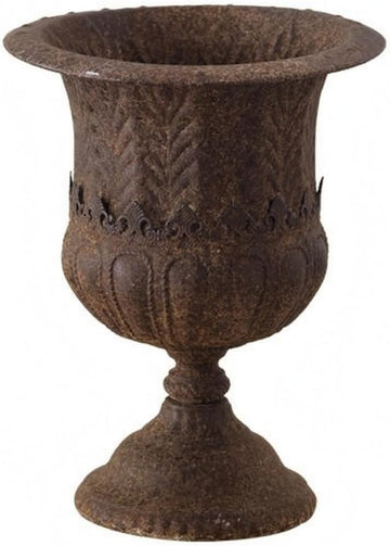 Outdoor Trophy Planter Urn Planter Vase Pedestal Pot Iron Construction with Embossed Banding and Distressed Finish