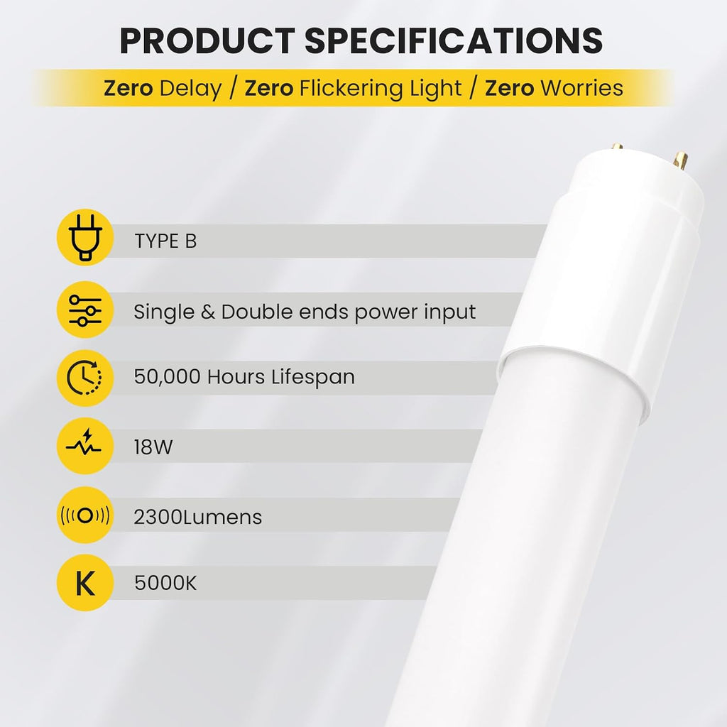 25 Pack T8 LED 4FT Type B Tube Light, 18W (40W Equivalent), 2300 Lumens, 5000K Daylight, Ballast Bypass, Single &