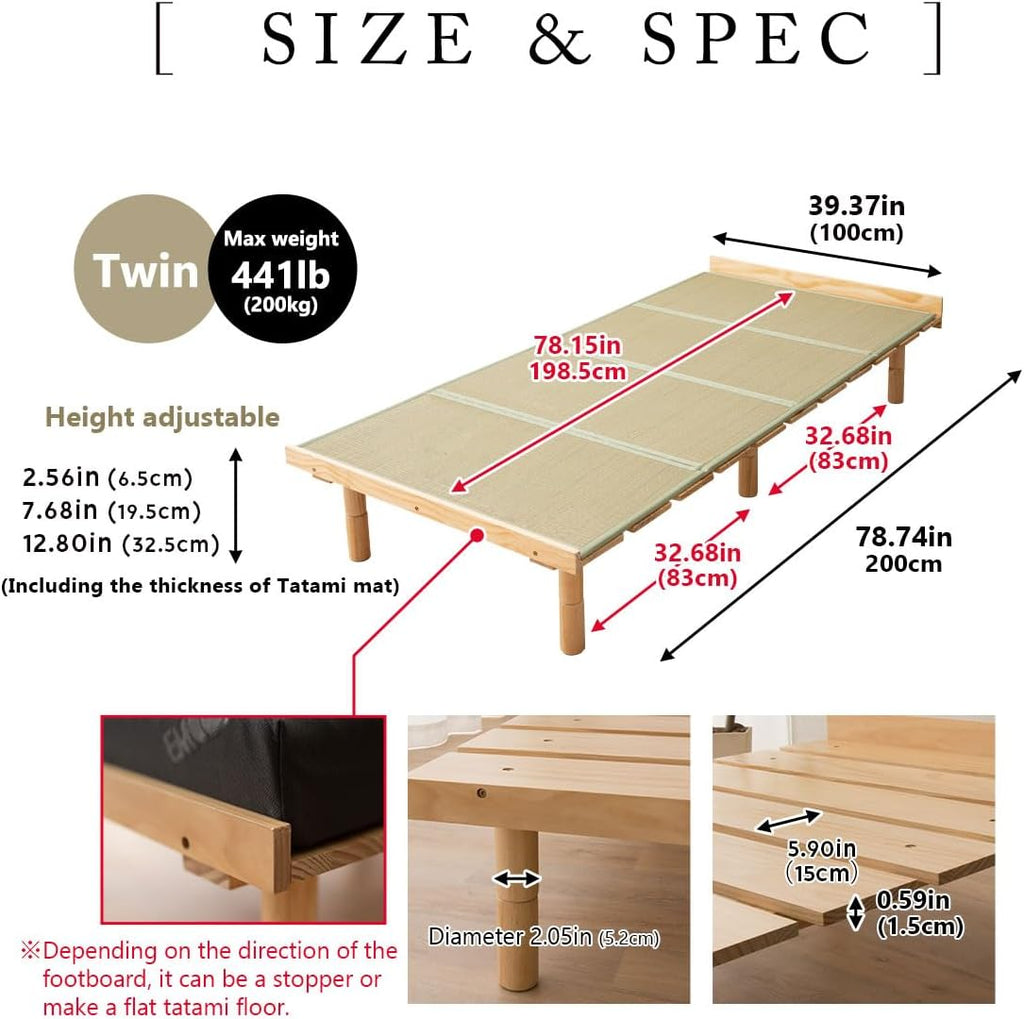 Wood Slatted & Tatami Floor Bed Frame for Japanese Futon Mattress Solid Pine (Retro-Brown), Height
