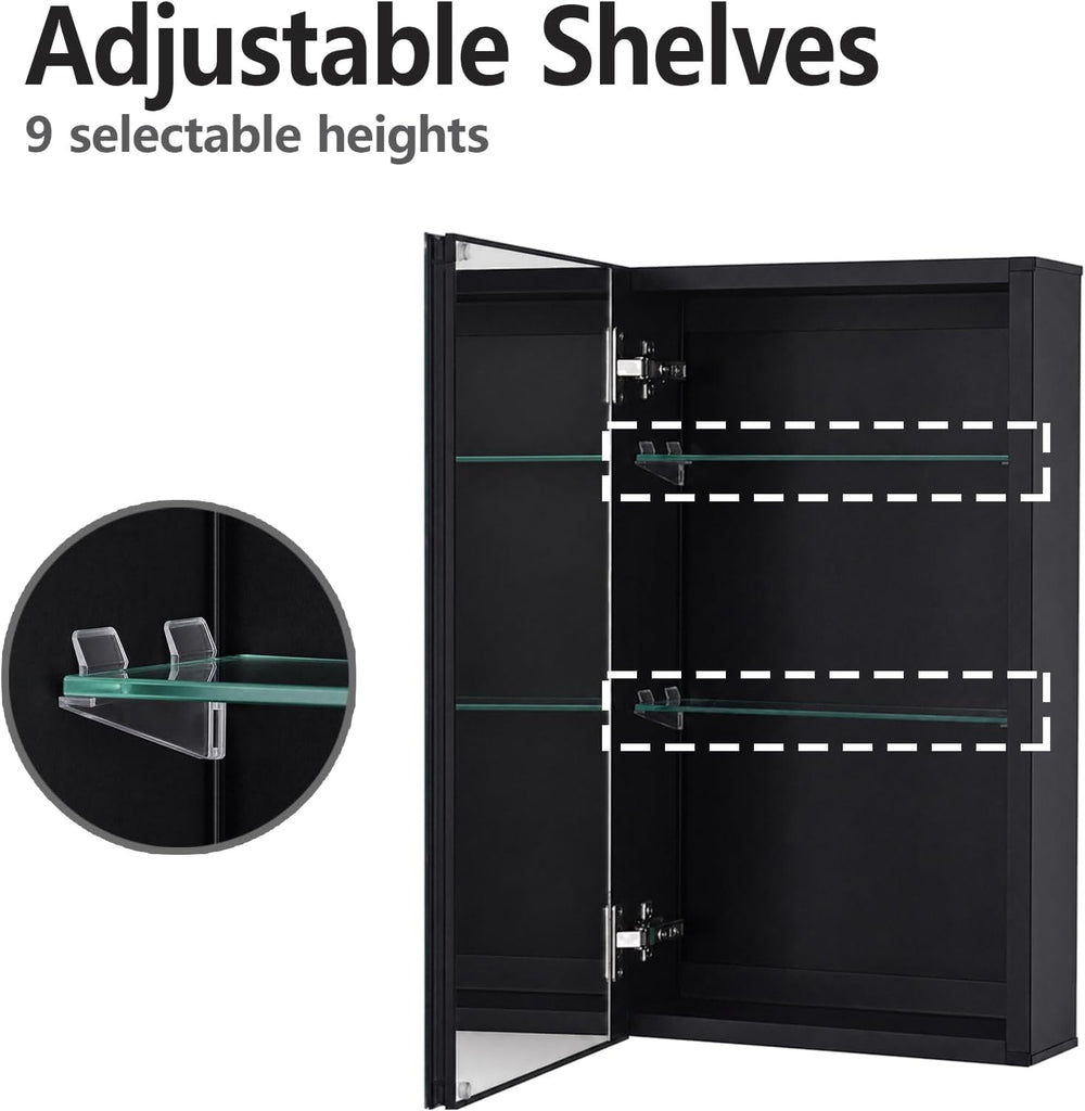 14 x 24 Black Aluminum Medicine Cabinet with Mirror, Recessed/Surface Mount | Bathroom Medicine Cabinet, 2 Adjustable