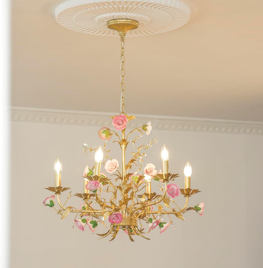 Gold Wrought Iron Floral Chandelier with Pink Ceramic Roses & Crystals, 6-Light French Country Candle Fixture