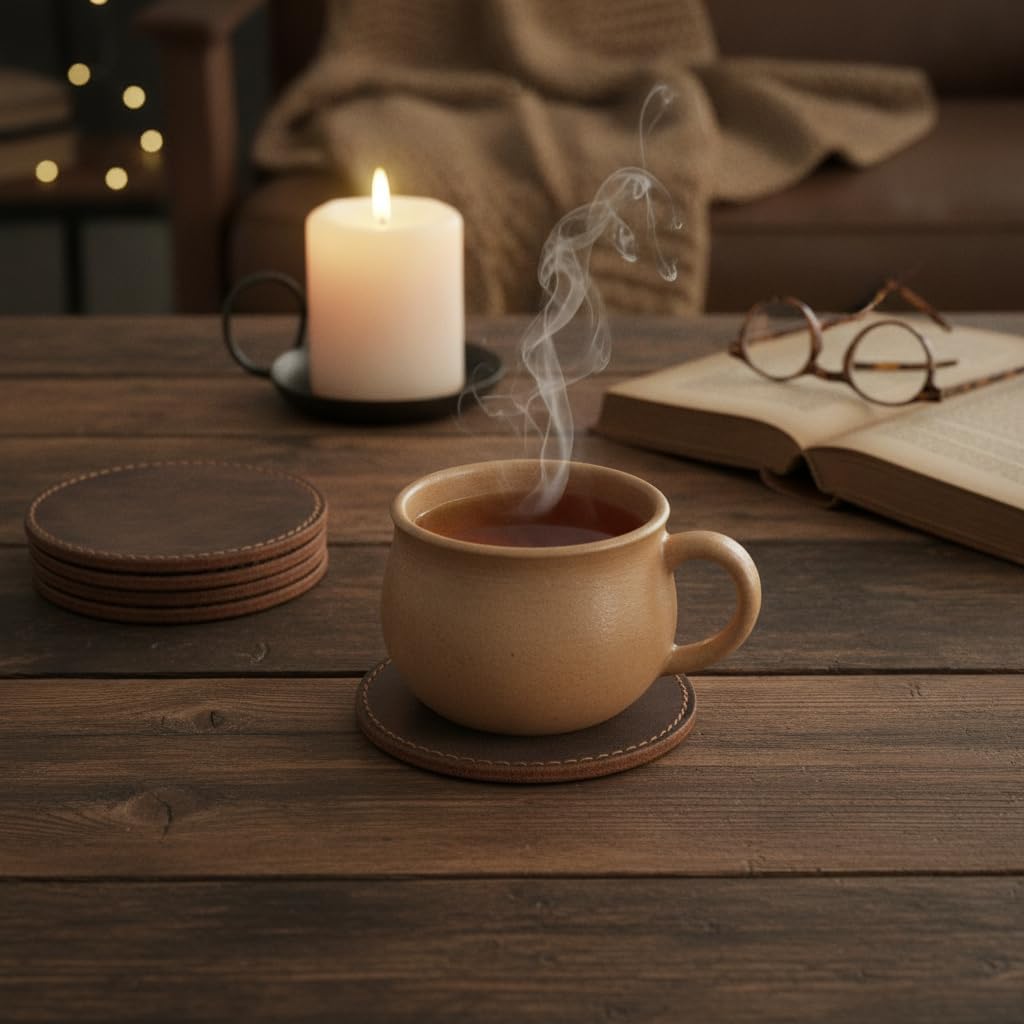 Coaster (3.5 inch) Geniune Leather Tea Coasters for Hot Water, Coffee, Beverage Beer Tea Cup Wine Luxarious - Set of 6