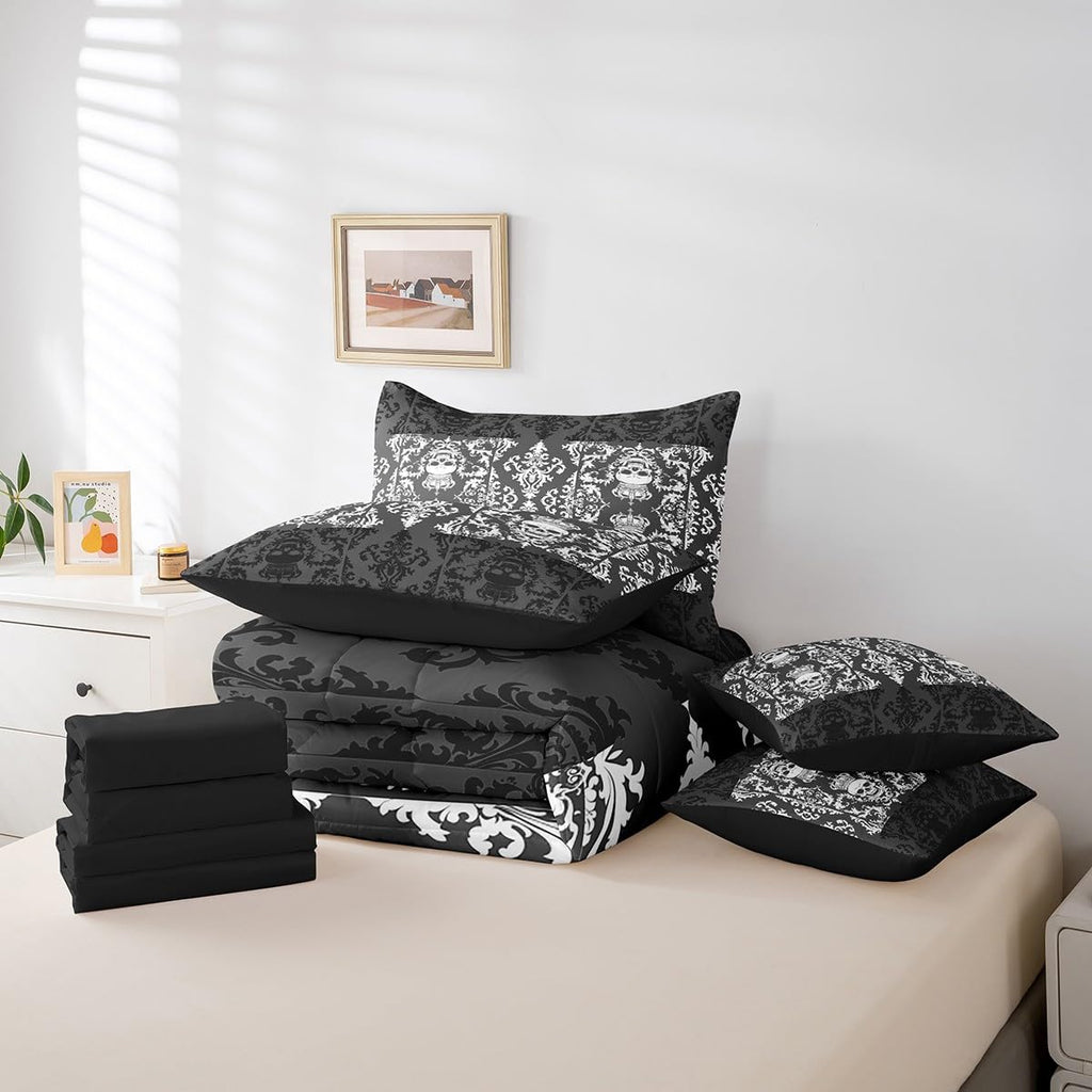 Gothic Skull Bed in a Bag King Size Comforter Set 7 Pieces, Grey White Damask Bohemian Vintage Flowers Bedding