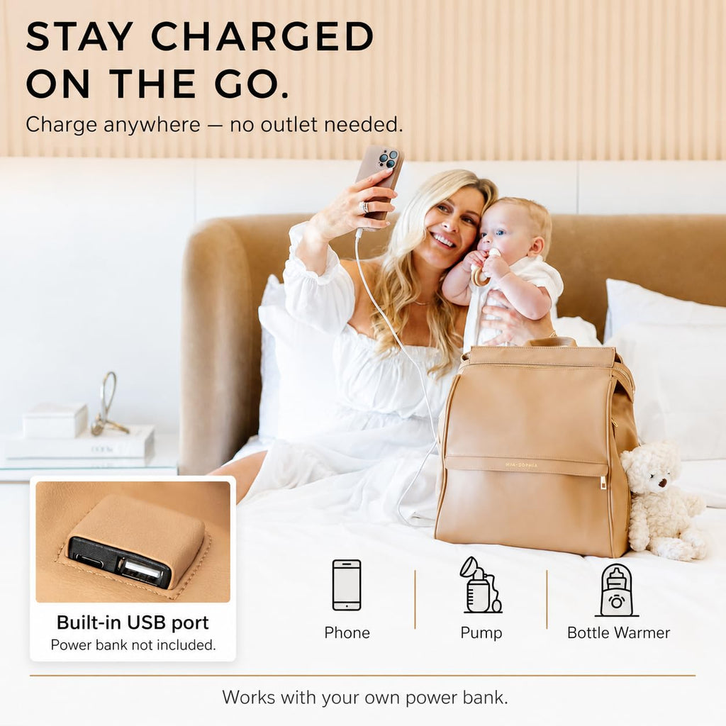 Leather Diaper Bag Backpack with USB Charging Port, Changing Pad, Stroller Straps, Bottle Holder (Brown Sophia)