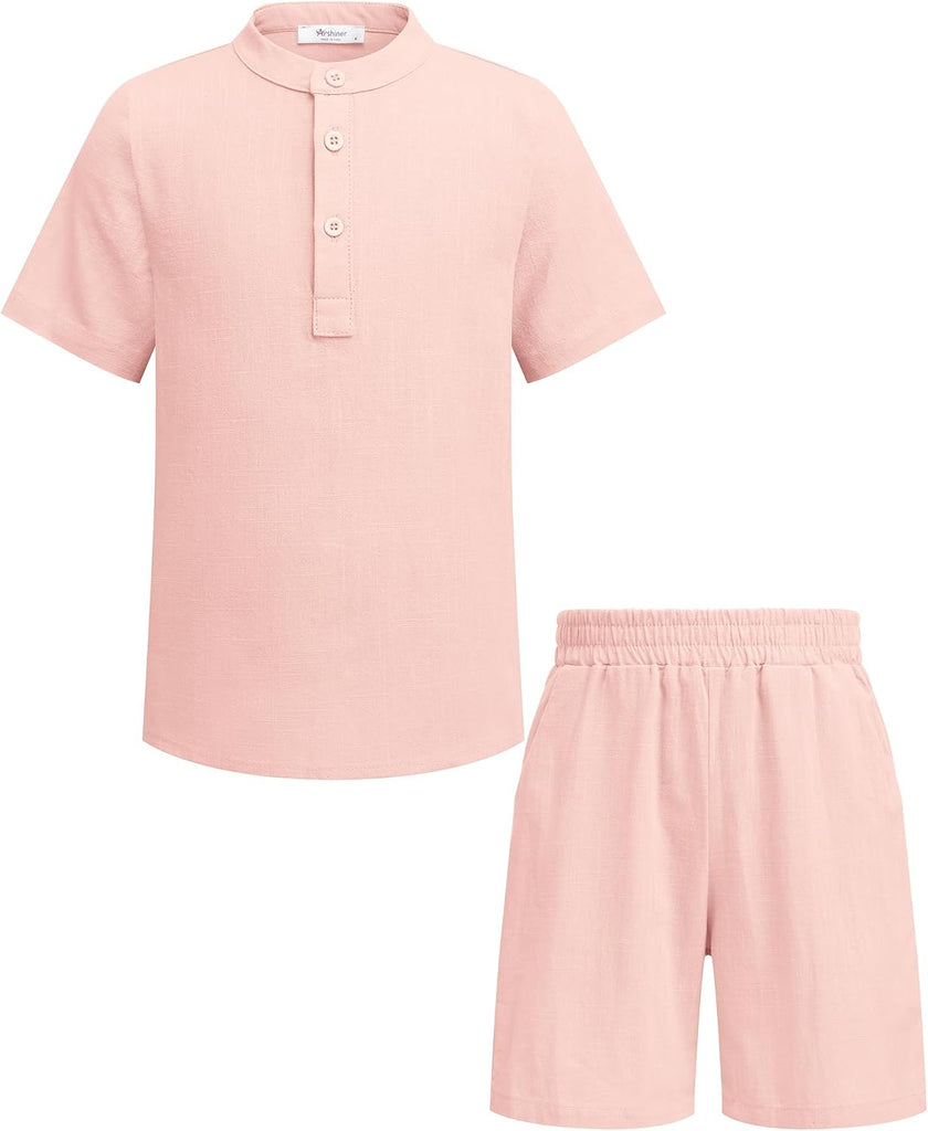 Boy's 2 Pieces Cotton Linen Set Casual Henley Shirts Short Sleeve Beach Shorts Summer Outfits