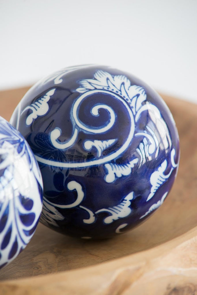 Set of 4 Porcelain Decorative Spheres - Handcrafted Traditional Blue and White Floral Orbs Decor, Tabletop Accent