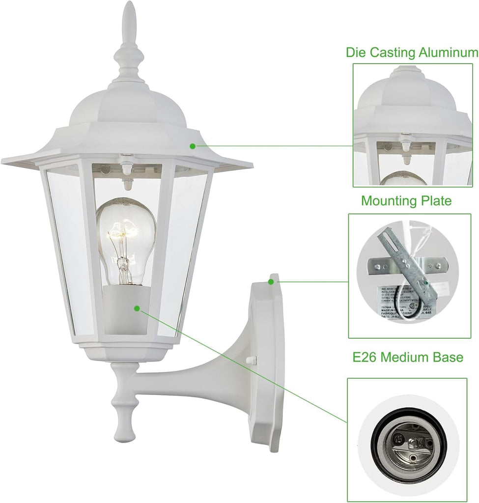 2 Pack Outdoor Wall Light, White Wall Sconce Porch Lighting Fixture, E26 Base 60W Max, Metal Housing Plus Glass, Wet