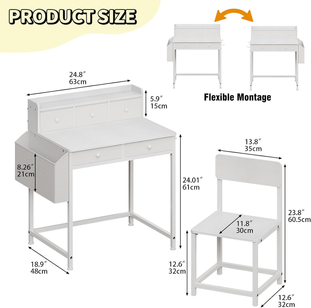 Kids Desk and Chair Set with 5 Fabrics Drawers, Ages 5-8, White