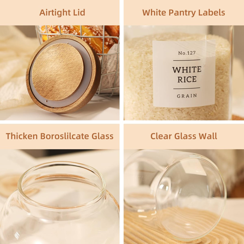2 Pack Glass Food Storage Containers with Airtight Acacia Wood Lids and 132 Kitchen Pantey Labels Preprint - 43 LF OZ