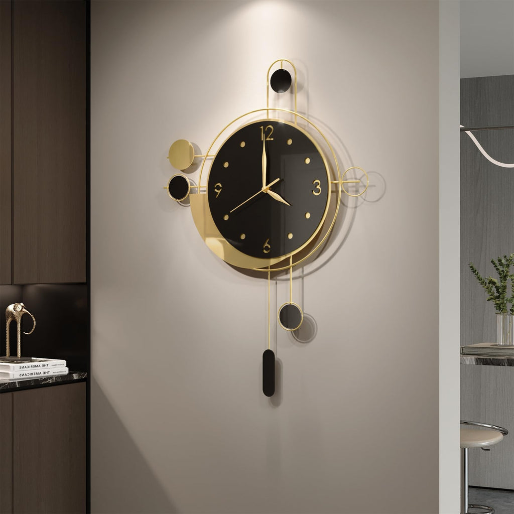 Modern Wall Clock Black Gold with Pendulum, Decorative Metal Clock